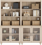WAMPAT 5 Tier Bookshelf 72" Tall Bookcase with Glass Doors,Large Farmhouse Display Book Shelf with Adjustable Shelves and Storage Cabinet，Library Wood Bookshelves for Living Room,Kitchen, Light Oak
