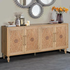 Sideboard Buffet 63" Credenzas for Living Room, Entryway Table with Storage Cabinet Natural Wood Color, Carved Flowers Doors & Cable Holes