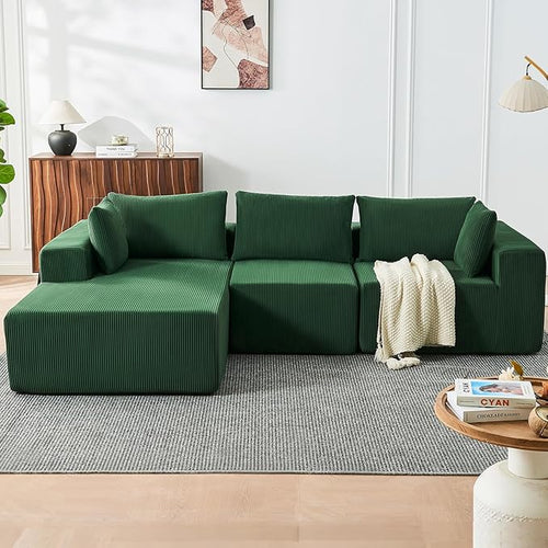 109" Cloud Sectional Couch, Boneless Couches for Living Room, Modular Sectional Sofa with Deep Seat, L-Shape Couch with Chaise, Comfy Corduroy Fluffy Modern Modular Sofa, No Assembly Required, Green