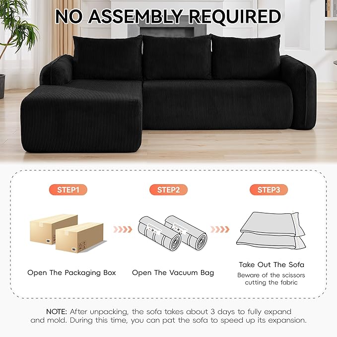 103'' Boneless Corduroy L Shaped Couch, 3 Seat Modular Sectional Deep Seat Sofa with Chaise Lounge, No Assembly Cloud Lounge Sleeper Sofa, Black