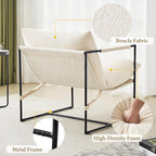 Furnilivng Large Sling Accent Chair, Comfortable Boucle Fabric Arm Chair, Upholstered Cozy Reading Chair for Living Room, Bedroom, Dressing Room, Home Office, White