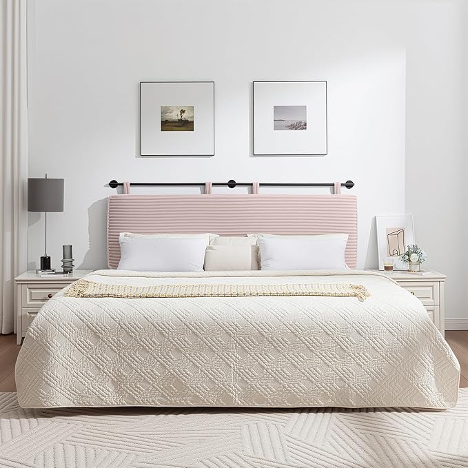 UEV King Headboard Only, Wall Mounted Hanging Upholstered Bed Head Board, Modern Vertical Channel Design of Fine Flannel, Elegant Pink Fluted Headboard for Bedroom (Pink, King Size)