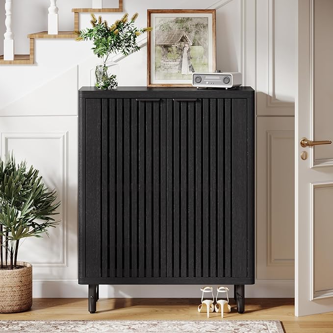 Tribesigns Shoe Cabinet with Shutter Doors, 6-Tier Entryway Shoe Cabinet with Adjustable Shelves, Wooden Modern Rack Organizer for Entryway, Hallway, Closet, Living Room, Black