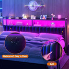 Aheaplus Headboard for King Size Bed Frame, Upholstered Headboards with Outlets, USB Ports and LED Light, Leather Head Board with Storage, Height Adjustable, Comfortable Headboard, King Size, Black