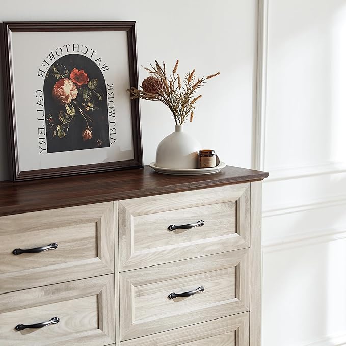 LINSY HOME Dresser for Bedroom with 8 Drawers, Updated Wide Chest of Drawers, Modern Farmhouse Bedroom Tall Dresser with Storage Organizer, Wooden Dressers for Living Room, Beige