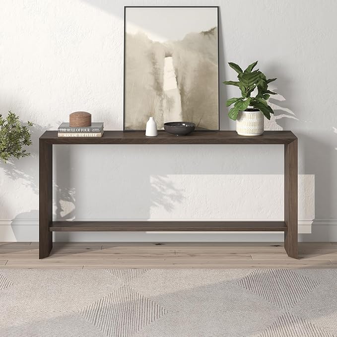 Henn&Hart 64'' Wooden Rectangular Console Table Entryway Table, Sofa Table with Wooden Storage Shelf for Entryway, Living Room, Couch, Hallway, or Office, Alder Brown