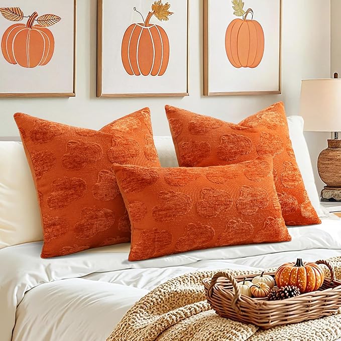 decorUhome Decorative Two Rust Pumpkins Thanksgiving Throw Pillow Covers 18x18 Set of 2, Soft Chenille Jacquard Farmhouse Textured Pillow Covers for Couch Bed Sofa Autumn Harvest Halloween Holiday