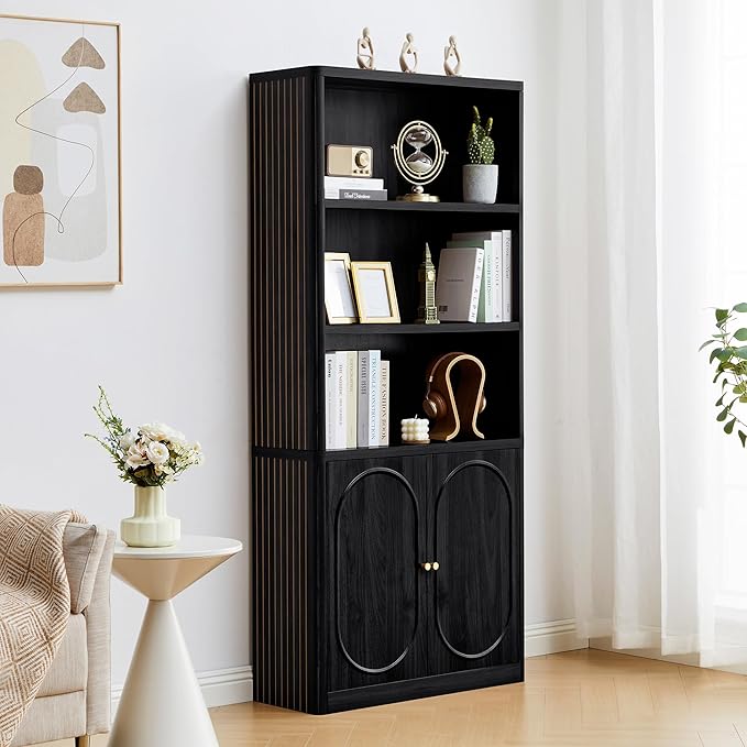 70.8" Tall Fluted Bookshelf with Storage Cabinet Set of 2, Modern 5-Tier Wood Bookcase with Open Display Storage Shelf, Gold Handles for Office Living Room (Black)