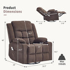 Swivel Rocker Recliner Chair for Adults with Massage and Heat, Cup Holders and Side Pockets, Glider Rocking Reclining Single Sofa Chair for Living Room (Cocoa)