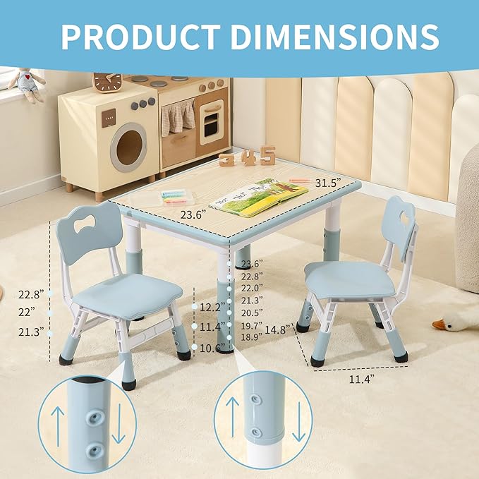 Toddler Table and 2 Chairs, Height-Adjustable Kids Table and Chairs Set, 31.5''L x 23.6''W Children Activity Table for Boys and Girls Aged 3-8