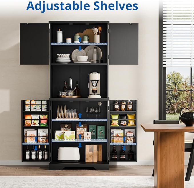 Cozy Castle 74" Farmhouse Pantry Cabinet with Charging Station, Tall Kitchen Storage Hutch Cabinet Coffee Bar Workstation, Sideboard Buffet Cupboard for Dining Room Living Room Furniture, Black