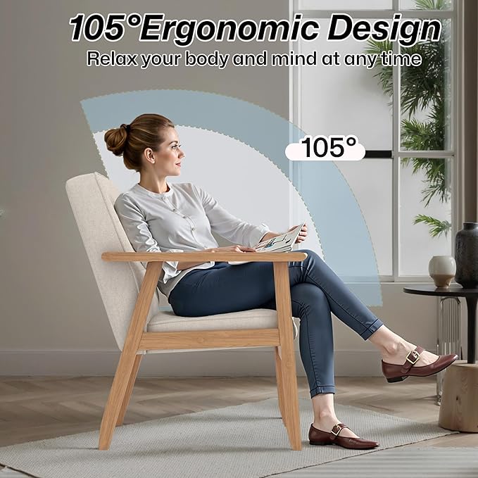 Modern Accent Chair with Arm Rest, Upholstered Linen Fabric Leisure Chair Comfy Side Chair with Backrest Button and Wooden Frame for Living Room Bedroom Reading(Beige), 1 PC