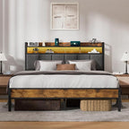 Z-hom Queen Bed Frames, Queen Bed Frame with 2-Tier Storage Upholstered Headboard, Metal Platform with USB Charging Station & LED Lights, Noise Free, No Box Spring Needed, Easy Assembly, Vintage Brown