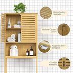 Over-The-Toilet Storage Shelf with Doors, Bathroom Freestanding Bamboo Organizer Space Saver with Adjustable Shelf, Natural