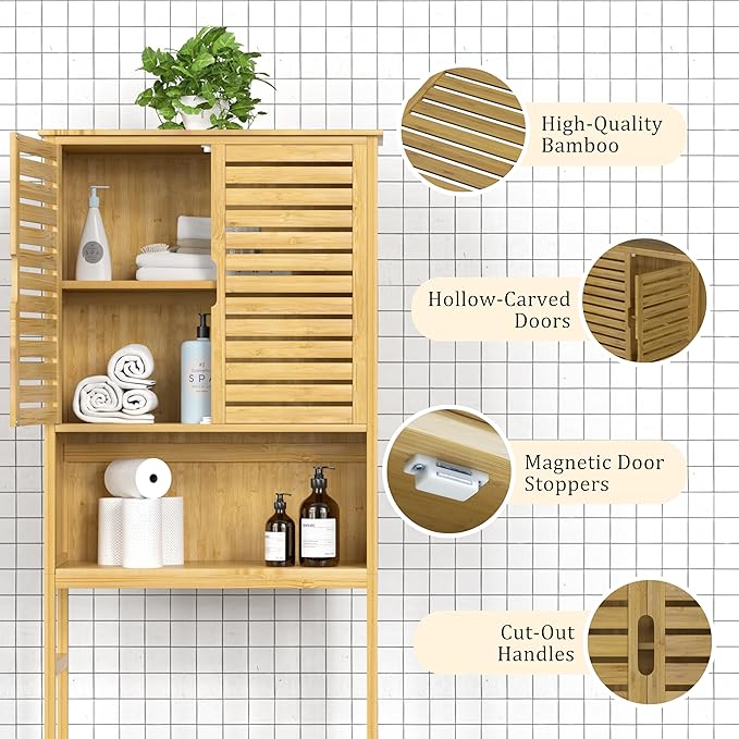 Over-The-Toilet Storage Shelf with Doors, Bathroom Freestanding Bamboo Organizer Space Saver with Adjustable Shelf, Natural