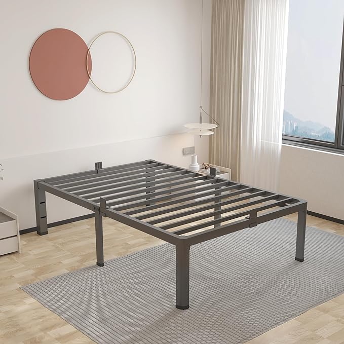 ROIL 14 inch Twin Bed Frames with Headboard Hole and Round Corner Legs Mattress Retainers 3500LBS Heavy Duty Steel Slats No Box Spring Needed Platform Noise-Free Easy Assembly