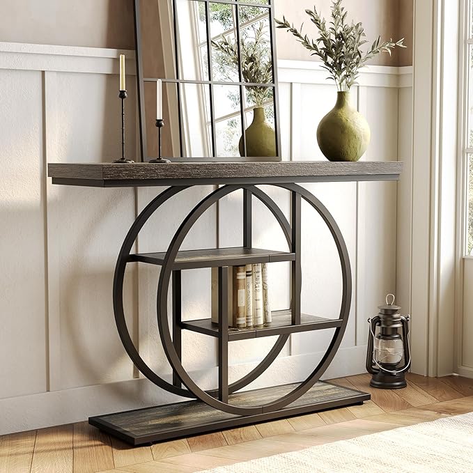 LITTLE TREE Console Table, 4-Tier Entryway Table, 41.3-Inch Industrial Sofa Table for Living Room, Foyer Hallway Table for Entrance, Deep Grey and Black