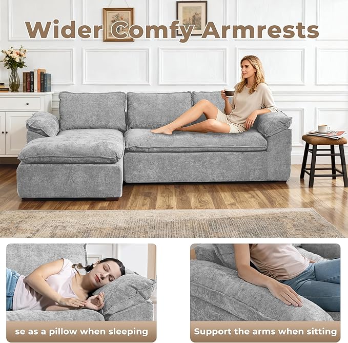 Modular Sectional Sofa, 107.5" L-Shaped Boneless Couch with Deep Seat, Modern Minimalist Upholstered Cloud Sectional Couch for Living Room Bedroom, No Assembly Required, Light Gray Chenille