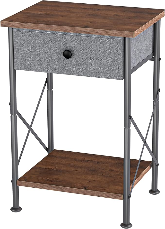 VECELO End Tables, Modern Nightstand with Fabric Drawer & Open Shelf, Night Stand for Bedroom Living Room, Industrial Metal Frame, Easy Assembly, Retro Brown,1 Pack