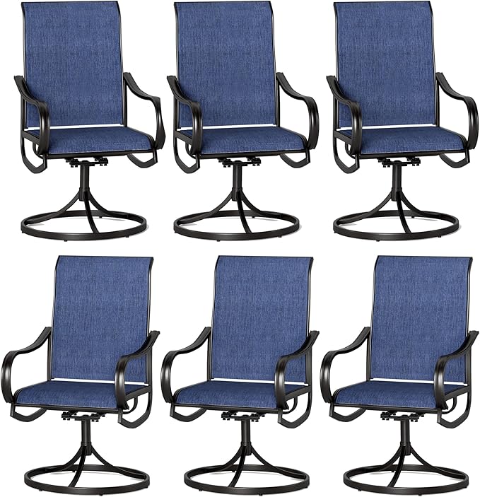 PHI VILLA Patio Swivel Dining Chairs Set of 6, All Weather Outdoor Chair with Textilene Mesh Fabric & Black Metal Frame for Outdoor Lawn Garden Poolside (Blue)