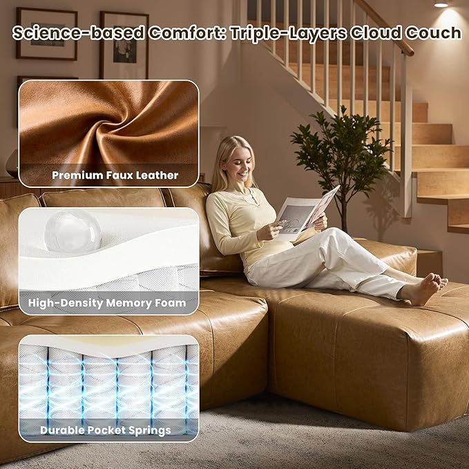 114" Cloud Sectional Couch with L-Shape Chaise & Ottoman, Modern Boneless Couches for Living Room, Fluffy Tufted Deep Seat Modular Sofa No Assembly (Faux Leather,Brown,Right Facing)
