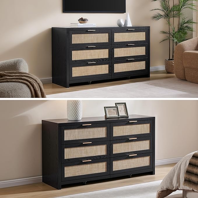 SICOTAS Rattan Dresser for Bedroom, 56.9" Wide 6 Drawer Dresser with Ample Storage, Wooden Dressers Large Chest of Drawers, Closet, Boho TV Stand for Bedroom (Black Oak, 2 Pieces)