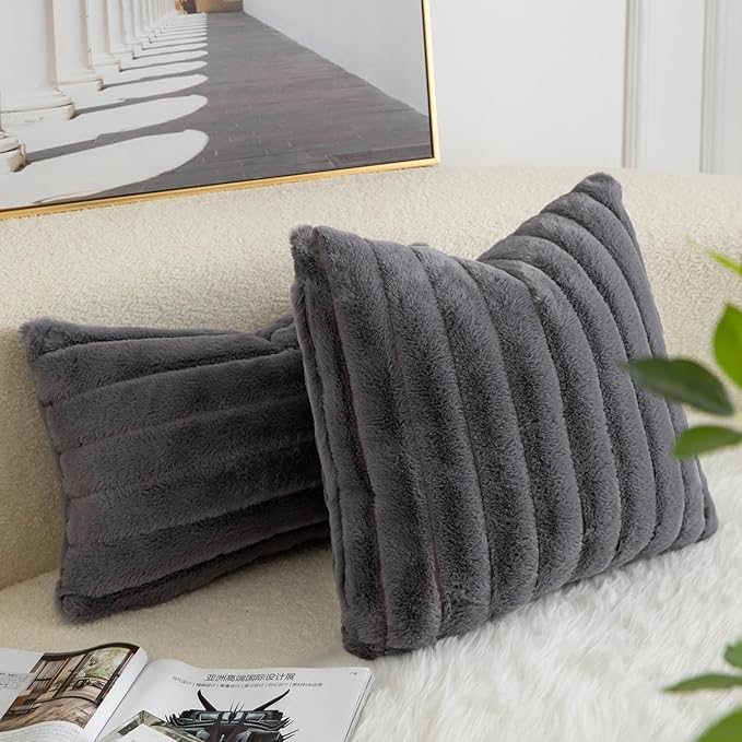 Pack of 2 Faux Fur Throw Pillow Covers 16x16 Inch Striped Decorative Soft Plush Couch Pillow Case Home Decor for Bed, Sofa, Living Room Darkgrey