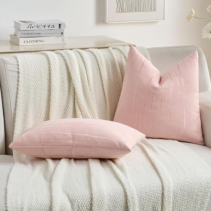 FUTEI Pink Chenille Decorative Throw Pillow Covers 20x20 Inch Set of 2,Soft Embossed Striped Textured Cushion Case,Modern Home Decor for Couch Bed Living Room