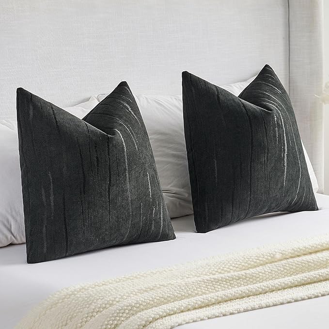 FUTEI Black Chenille Decorative Throw Pillow Covers 16x16 Inch Set of 2,Soft Embossed Striped Textured Cushion Case,Modern Home Decor for Couch Bed Living Room