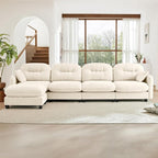 140" L Shaped Sofa for Living Room, Comfy Chenille Fabric Cloud Sectional Couch, Modern Upholstered Deep Seat Sofa with Pillow and Movable Ottoman, Oversized 4 Seater Sectional Sofa, Beige