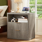 LEYAOYAO Fluted Nightstand with Charging Station, 23" Wide 2 Drawers End Table,Grey Night Stand with Open Storage Cabinet, Farmhouse Bed Side Tables, Wood Dresser for Bedroom, Living Room, Closet