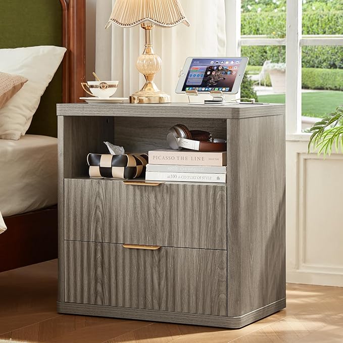LEYAOYAO Fluted Farmhouse Nightstand Set of 2 with Charging Station, 23" Wide 2 Drawers End Table,Grey Dresser for Bedroom,Bed Side Table Chest of Drawers Cabinet,Wood Night Stand for Living Room