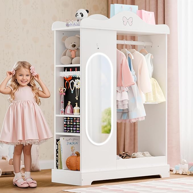Xilingol Kids Armoire with a Jewelry Cabinet, Princess Dress Up Closet with Mirror, Kids Wardrobe Closet with Storage Shelves, Armoire Costume Organizer for Bedroom, Kids Room, Girl (White)