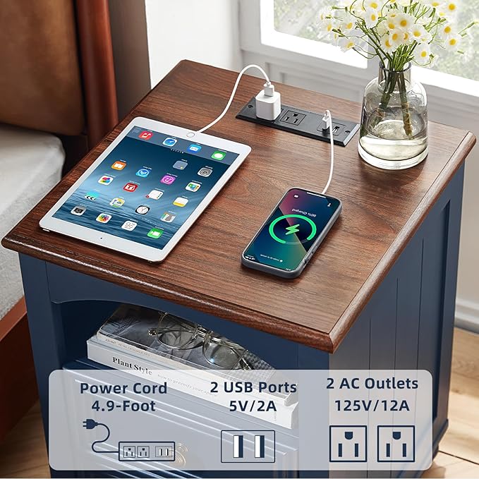 Dressers and Night Stand Set of 3, Wood 43.5" Tall Dresser and 18" Wide with Charging Station Chest of Drawers, Roman Column Nightstand Set of 2, Bedroom Furniture Dresser Suites for Home Living Room