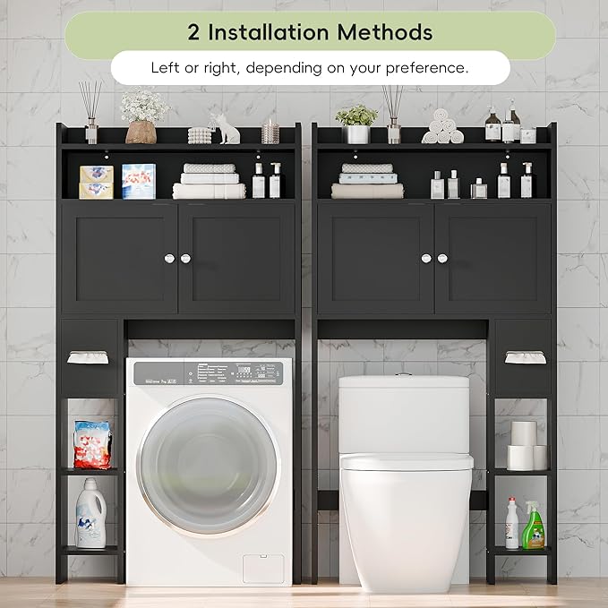 MU Over The Toilet Storage Cabinet with Doors, 32" Bathroom Storage Organizer with Side Shelves, Space-Saving Toilet Storage Rack for Bathroom, Laundry (Black)