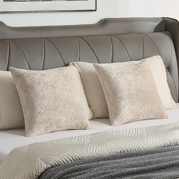FUTEI Beige Flannel Throw Pillow Covers 18x18 Inch Set of 2,Soft Dimensional Textured Cushion Cases,Modern Home Decor for Couch Living Room