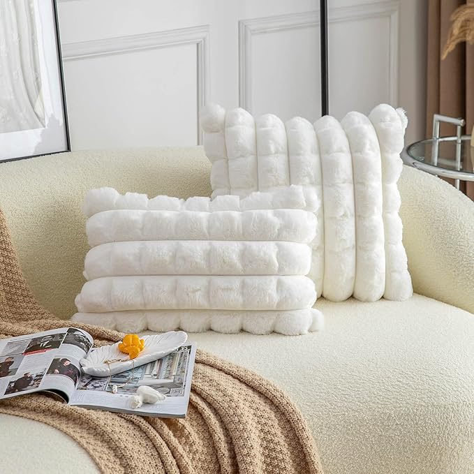 Neelvin Cream White Faux Fur Cozy Soft Plaid Decorative Throw Pillow Covers 12x20 inch Set of 2,Velvet Pillowcase Cushion Case for Sofa Couch