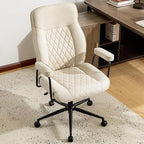 Leather Home Office Desk Chairs, Comfy Office Chair, Mid Century Modern Office Chair with Lumbar Support, Mid-Back Adjustable Swivel Computer Chair with Wheels and Arms, Beige