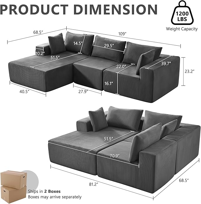 109" Cloud Sectional Couch, Boneless Couches for Living Room, Modular Sectional Sofa with Deep Seat, L-Shape Couch with Chaise, Comfy Corduroy Fluffy Modern Modular Sofa, No Assembly Required,DarkGrey