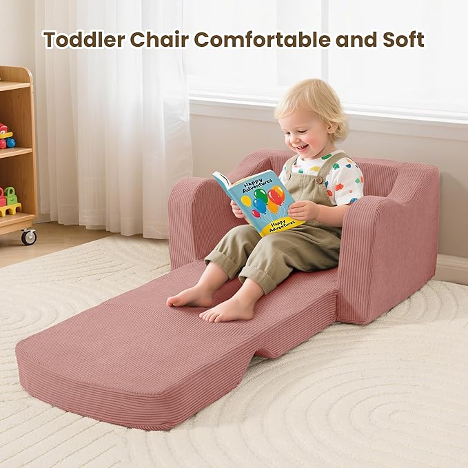 Comfy Toddler Chair for Kids, 2-in-1 Toddler Soft Plush Couch Fold Out, Convertible Kids Couch to Lounger, Baby Sofa for Boys and Girls, Pink