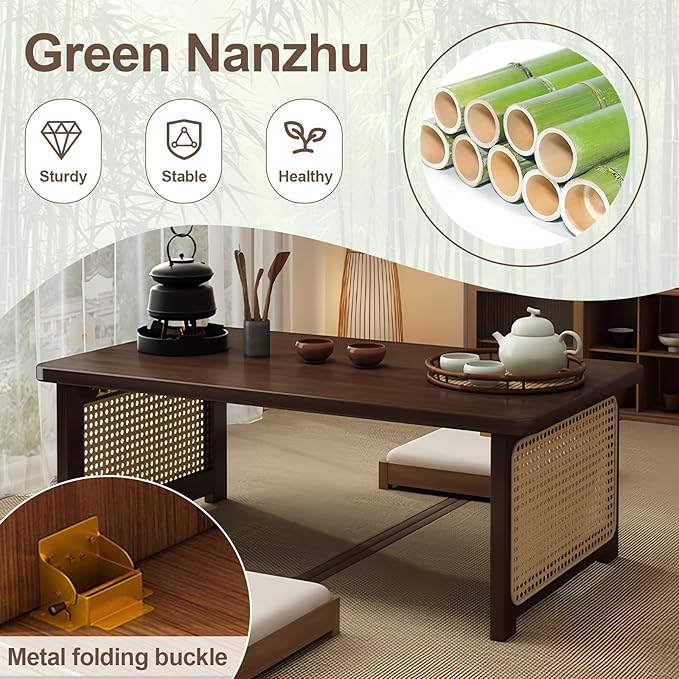 Foldable Japanese Floor Table Lightweight,No Assembly Required, Eco-Friendly Wood,Low Table for Sitting on the Floor, Perfect for Tatami,Meditation,Living Room Use (Walnut Color, 47.24 INCH)