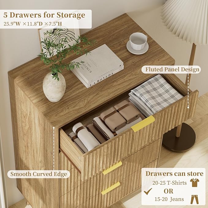 LYNSOM Fluted Dresser and Nightstand Sets 4 Piece, 2-Drawer Nightstands and 5/6 Drawers Dresser, Wood Bedroom Furniture Set for Home, Bedroom, Hallway, Natural Oak