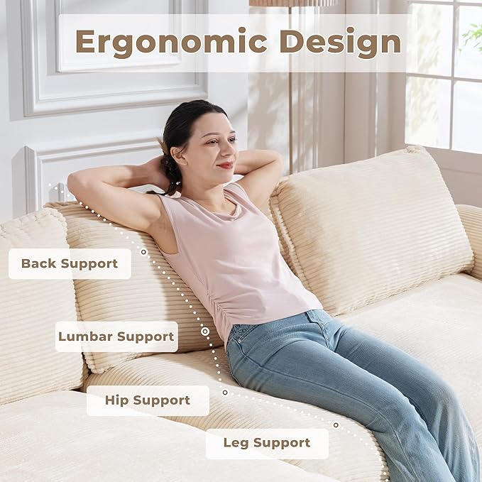 Modular Sectional Sofa, 107.5" L-Shaped Boneless Couch with Deep Seat, Modern Minimalist Upholstered Cloud Sectional Couch for Living Room Bedroom, No Assembly Required, Beige Corduroy