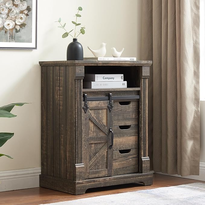 Bathroom Floor Cabinet, Farmhouse Storage Cabinet with Sliding Barn Door, Small Storage Cabinet with Drawer for Bathroom, Kitchen, Living Room, Rustic Style Cabinet (Dark Rustic Oak)