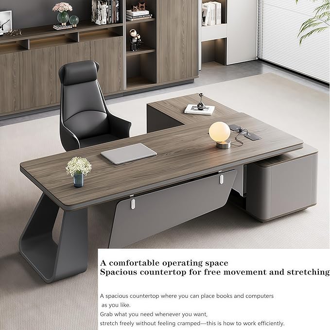 L Shaped Executive Desk, 110.2 inch Large Executive Computer Desk Set Drawers and Lockable, Power Socket and USB Port Storage, Without Display Racks and Bookshelves