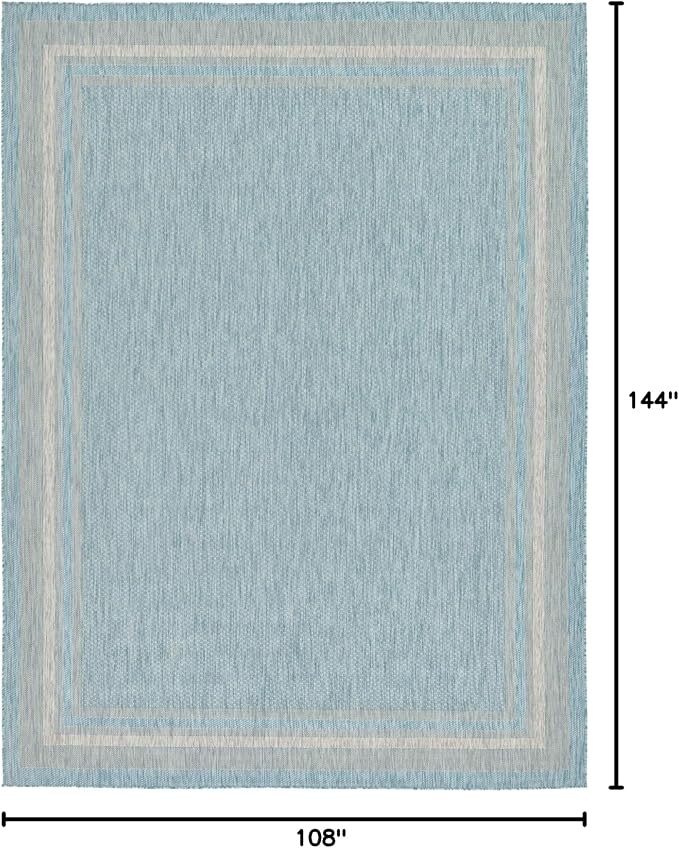 Unique Loom Outdoor Border Collection Area Rug - Soft Border (9'x 12' Rectangle, Aquamarine/ Ivory)