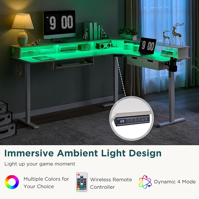 RedLemon 75X60 Inches L Shaped Electric Standing Desk, Height Adjustable Corner Gaming Desk with Drawers, Keyboard Tray, Power Outlets & LED Lights, Computer Desk with Monitor Shelf, Antique White