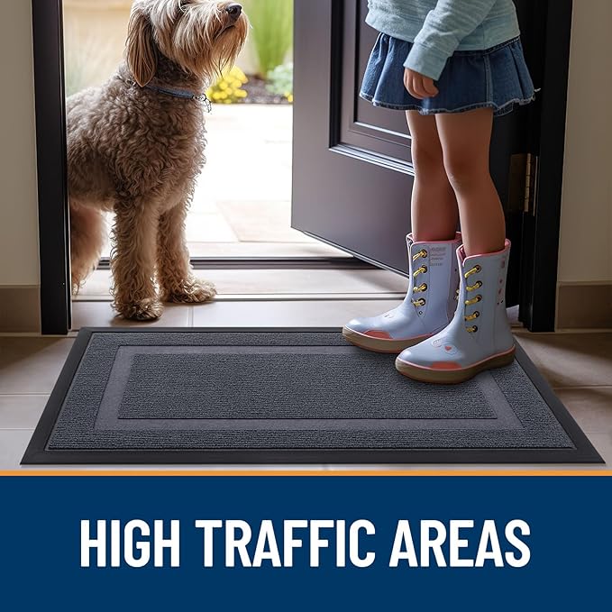 OLANLY Front Door Mat Indoor Outdoor Entrance, Waterproof All-Season, All-Weather Doormat, Sturdy Natural Rubber, Fade Resistant, Low Profile, Easy Clean Patio Porch Entryway Mat, 47x32, Light Grey