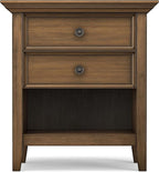 SIMPLIHOME Amherst Bedside Table - 24 inch Wide Solid Wood Nightstand Table in Rustic Natural Aged Brown, Transitional Bedroom Side or End Table with 2 Drawers, Open Storage Shelf and Bronze Hardware