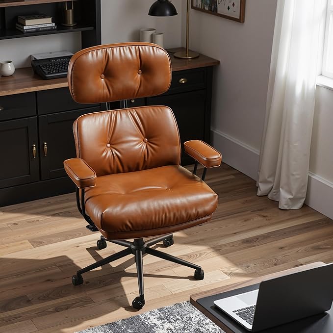 Ergonomic Office Chair Comfy with Lumbar Support, High Back Dark Brown PU Leather Rolling Executive Desk Chair for Home Office & Gaming, 360° Swivel, 300lbs (Light Brown)